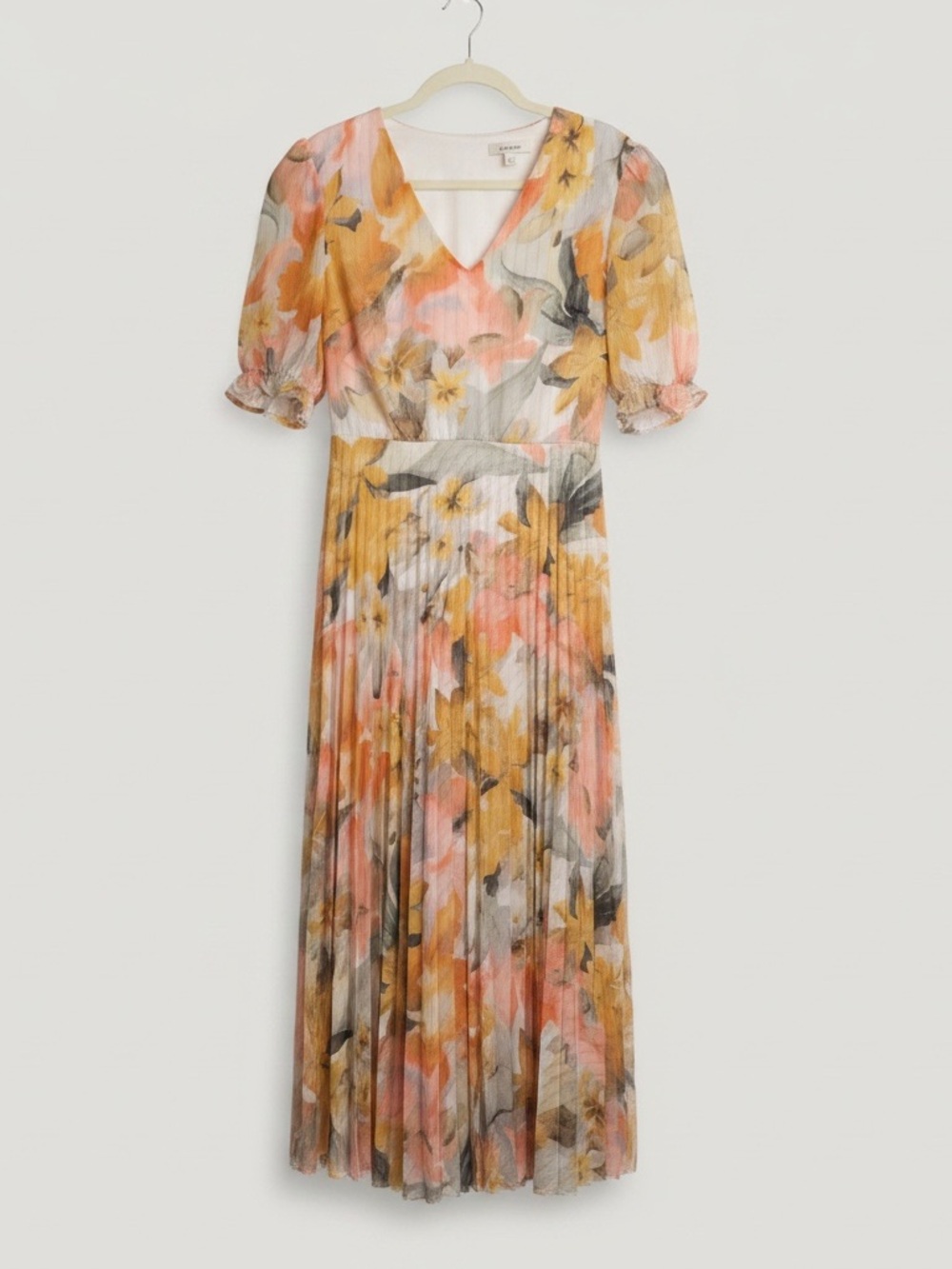 SHEIN Floral Pleated Maxi Dress Small Metallic Stripe Puff Sleeve